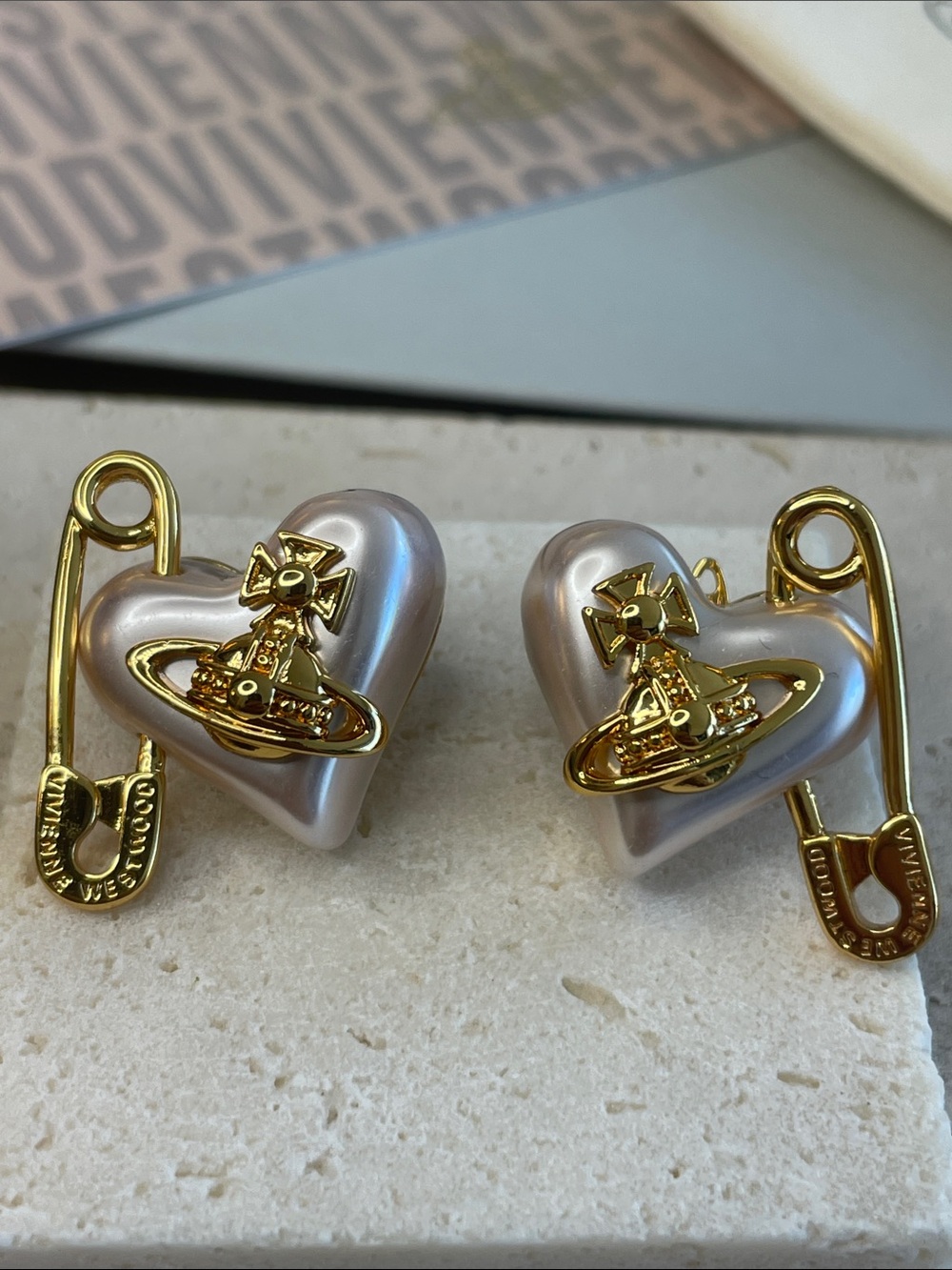 Vivienne Westwood Gold Orb Heart Pearl-Tone Safety Pin Earrings
